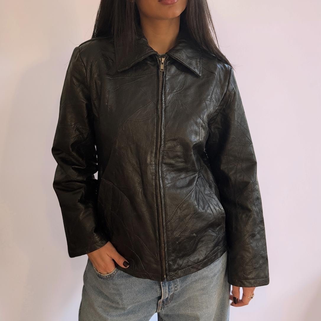 Vintage Cellini Genuine Leather Black Full Zip Patchwork Jacket Medium